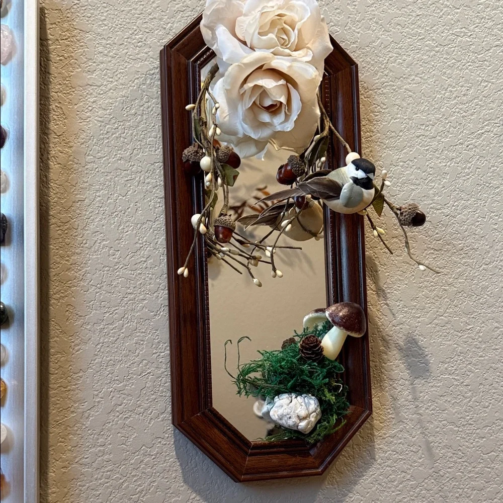 Rustic Brown Mirror with Floral and Bird Accents